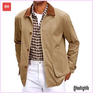 Men's Lightweight Cotton Barn Jacket Button Down Vintage Military Style